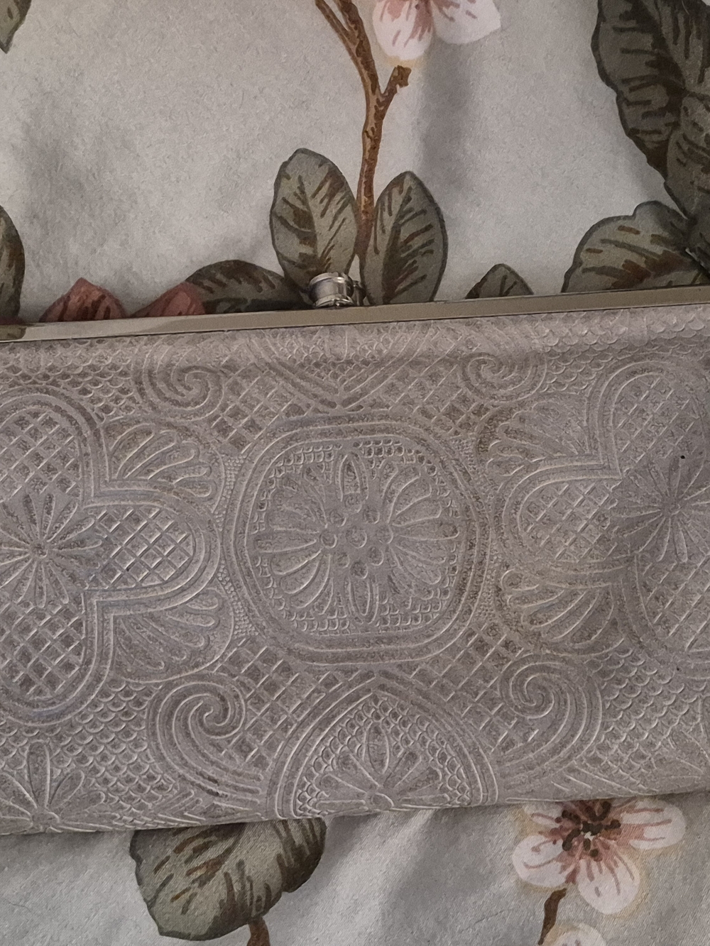 HOBO Embossed Floral Silver Gray Lauren Clutch Wallet